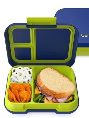 Kids Bento Lunch Box in Navy and Lime - Compact 3-Compartment Food Storage